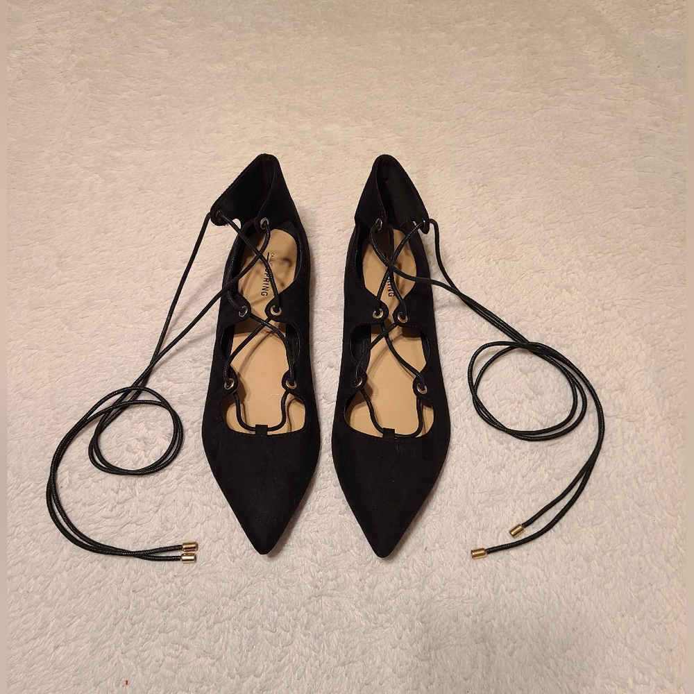 Call It Spring Black Pointed Lace Up Flats